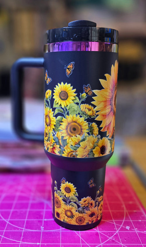 40oz Black tumbler with Sunflowers and beautiful saying.