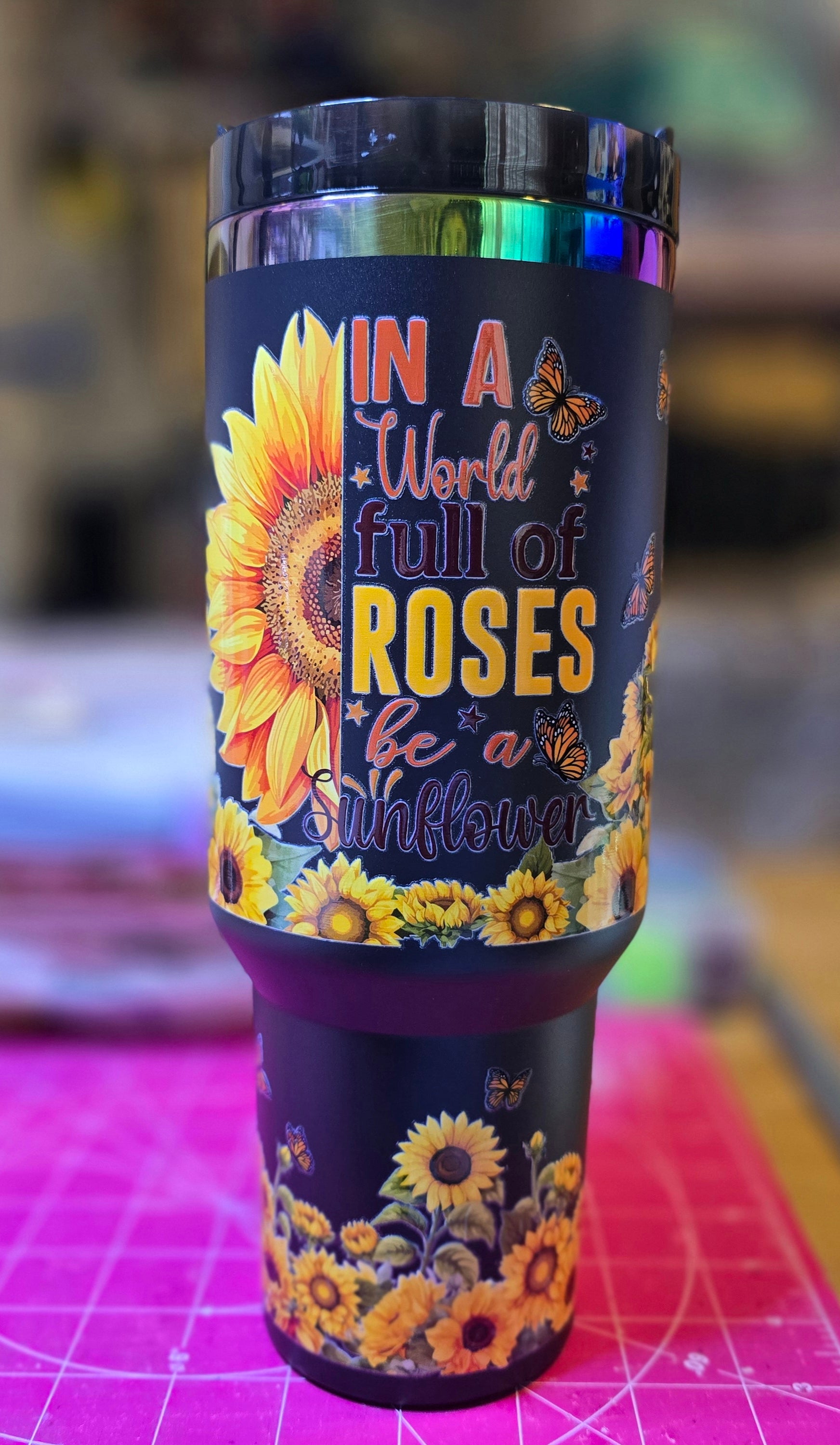 40oz Black tumbler with Sunflowers and beautiful saying.